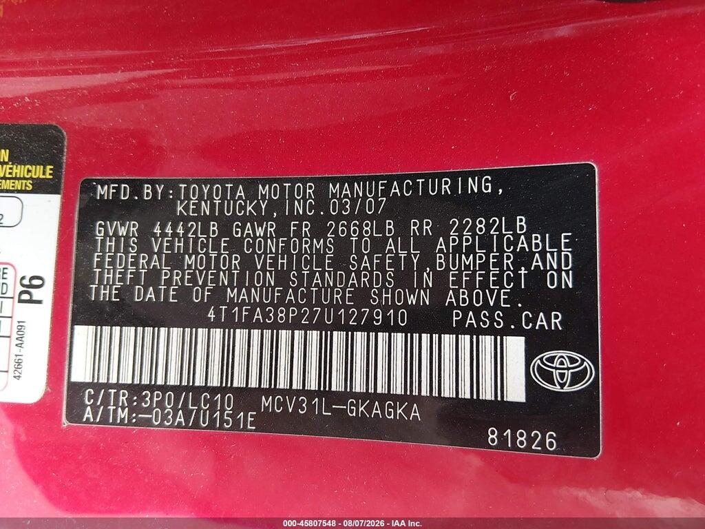 4T1FA38P27U127910 2007 TOYOTA CAMRY SOLARA photo no. 9