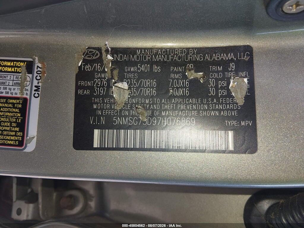 5NMSG73D97H076869 2007 HYUNDAI SANTA FE photo no. 9