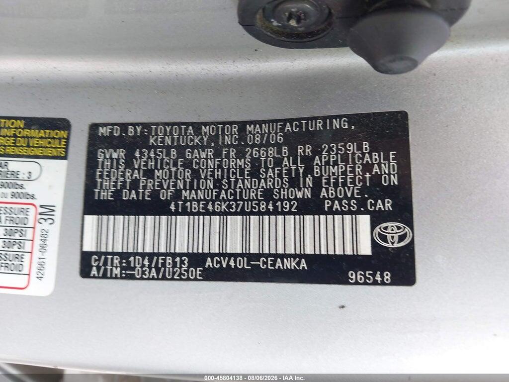 4T1BE46K37U584192 2007 TOYOTA CAMRY photo no. 9