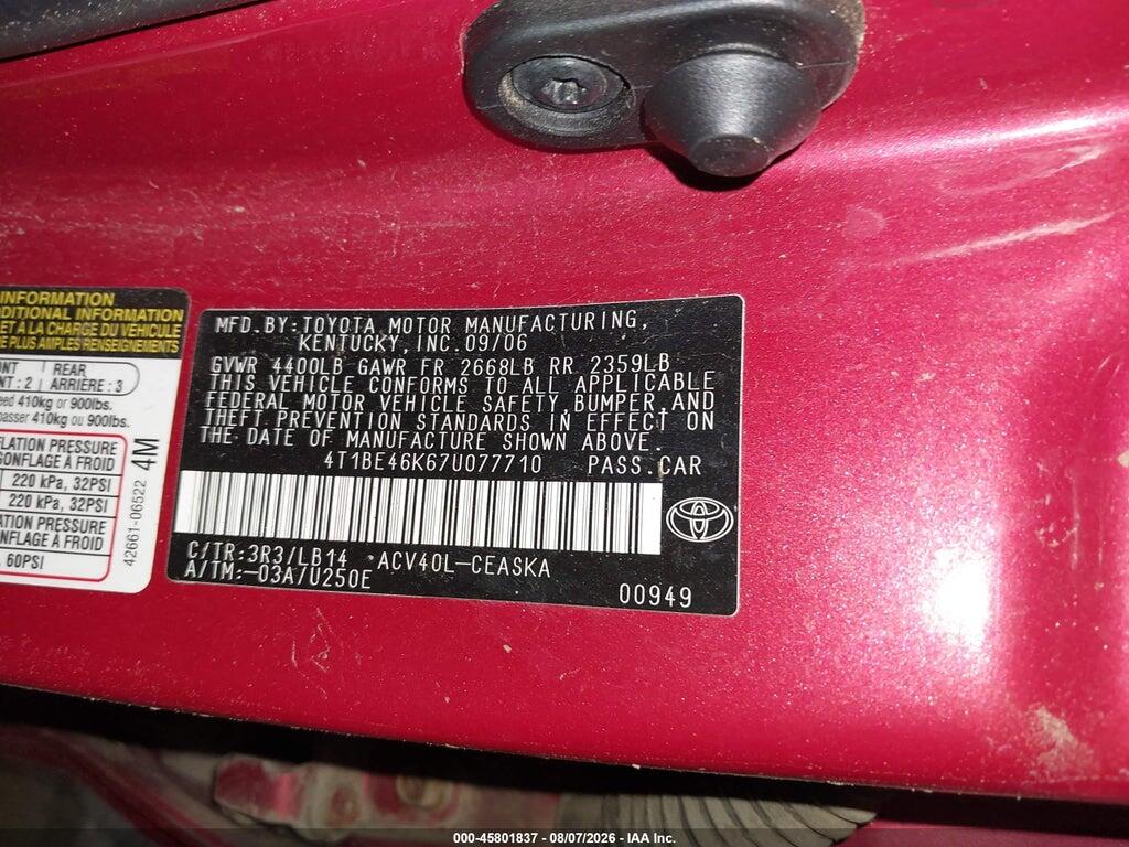 4T1BE46K67U077710 2007 TOYOTA CAMRY photo no. 9