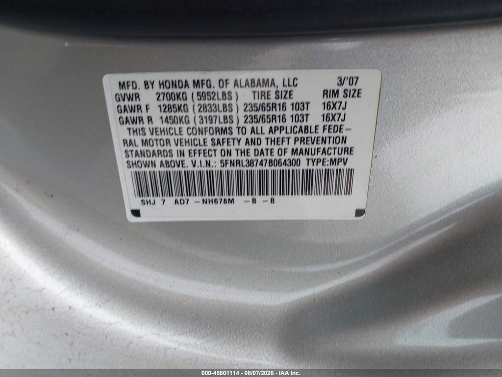 5FNRL38747B064300 2007 HONDA ODYSSEY photo no. 9