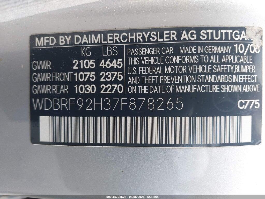 WDBRF92H37F878265 2007 MERCEDES-BENZ C 280 photo no. 9