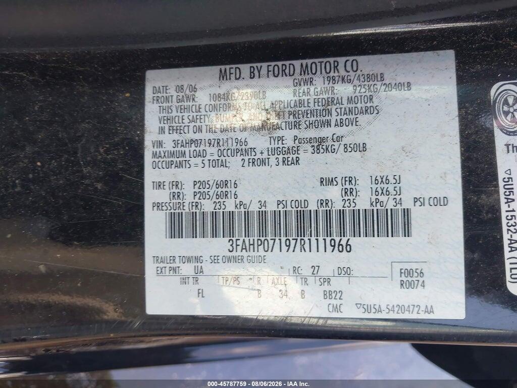 3FAHP07197R111966 2007 FORD FUSION photo no. 9