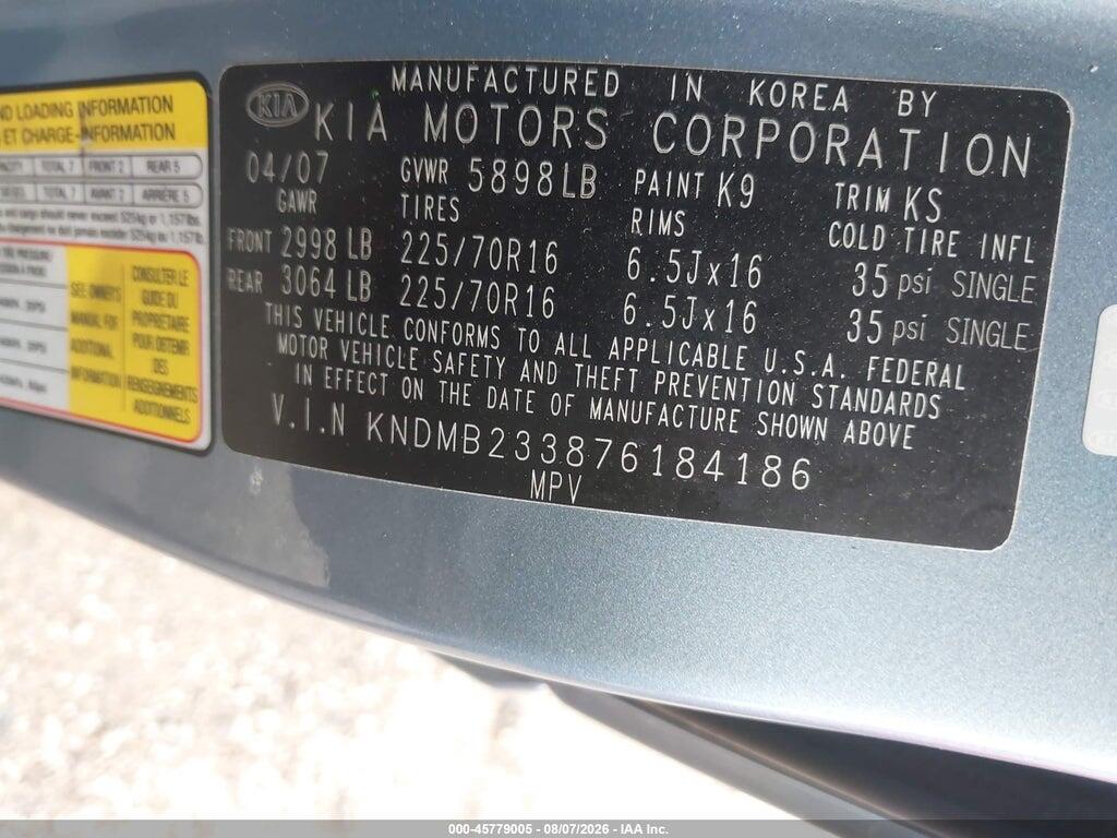 KNDMB233876184186 2007 KIA SEDONA photo no. 9