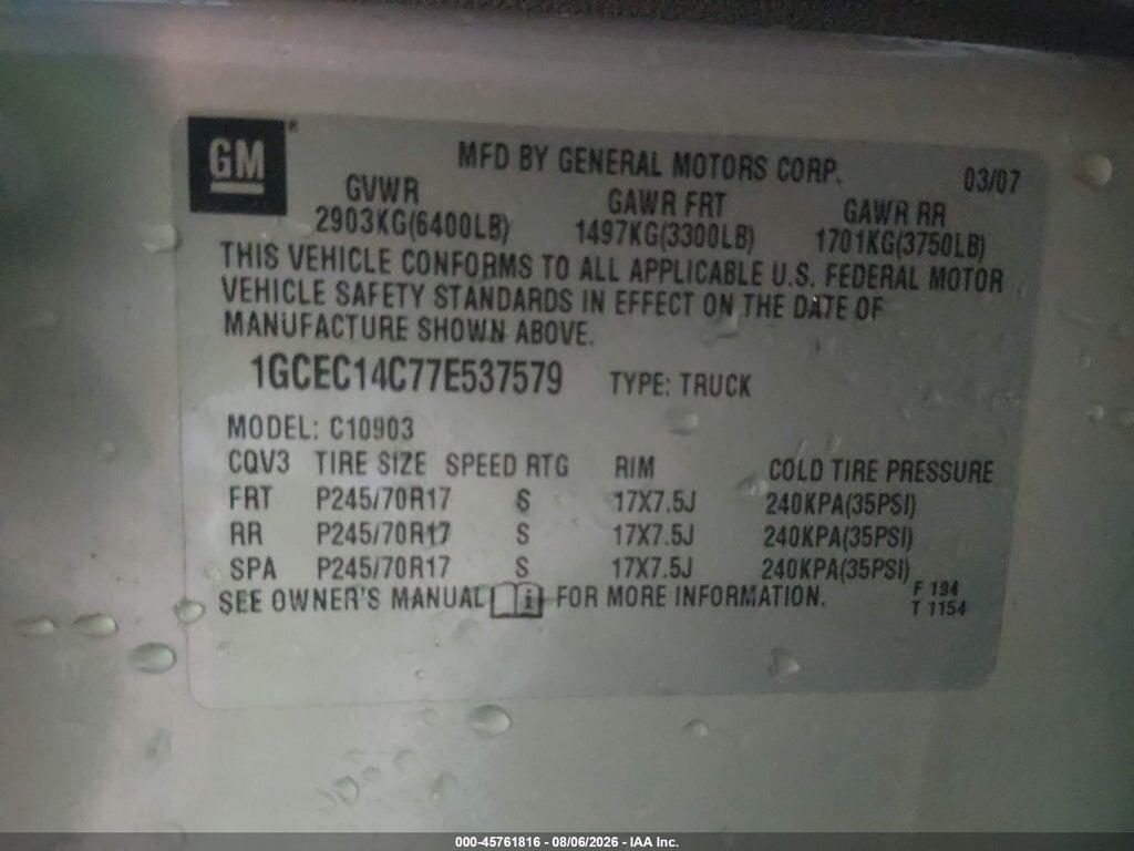 1GCEC14C77E537579 2007 CHEVROLET SILVERADO 1500 photo no. 9
