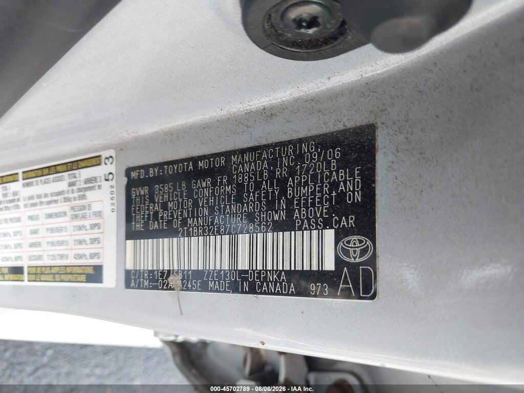 2T1BR32E87C728562 2007 TOYOTA COROLLA photo no. 9