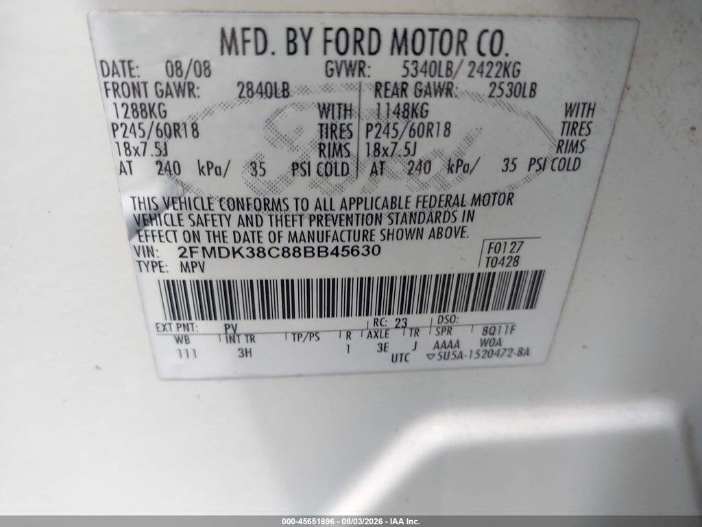 2FMDK38C88BB45630 2008 FORD EDGE photo no. 9