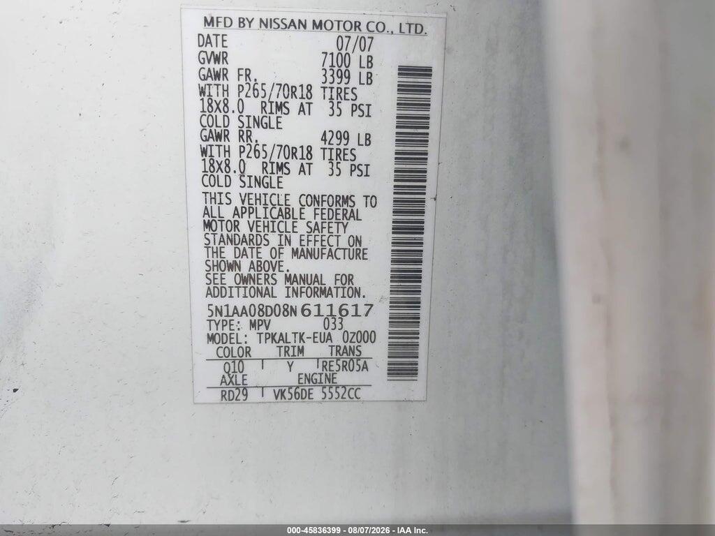 5N1AA08D08N611617 2008 NISSAN ARMADA photo no. 9
