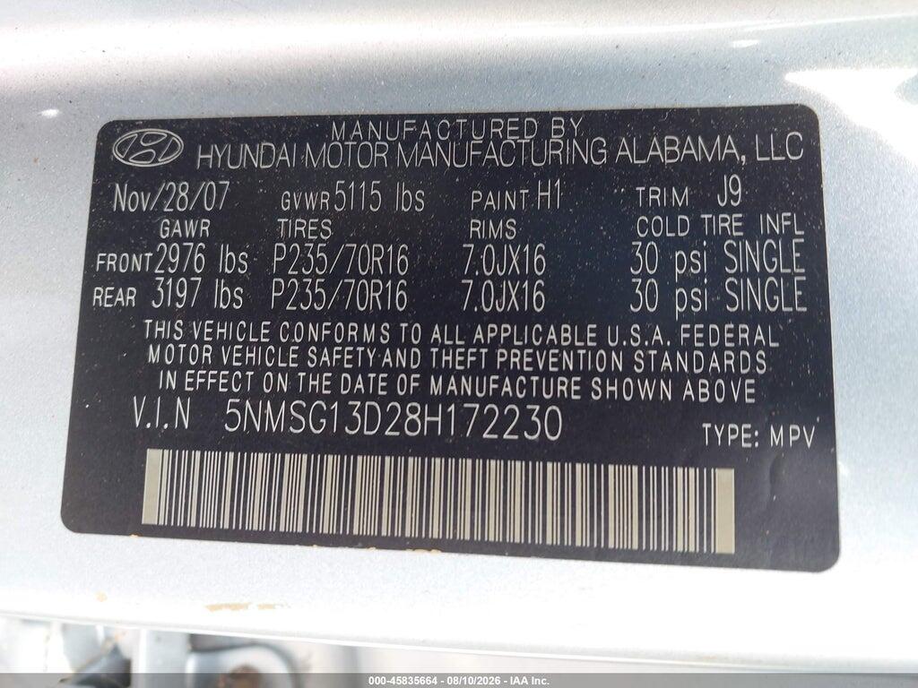 5NMSG13D28H172230 2008 HYUNDAI SANTA FE photo no. 9