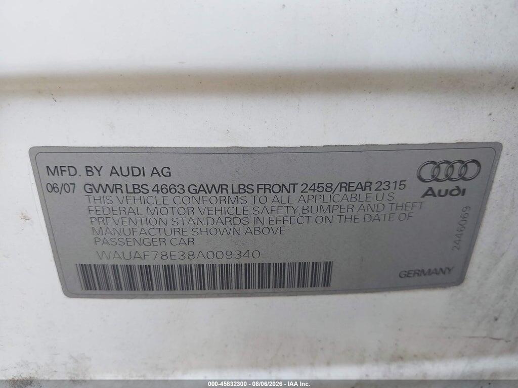 WAUAF78E38A009340 2008 AUDI A4 photo no. 9