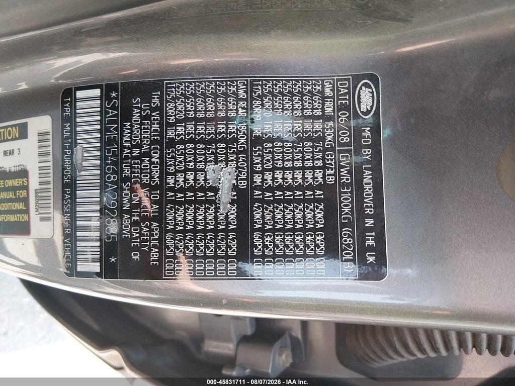 SALME15468A292885 2008 LAND ROVER RANGE ROVER photo no. 9