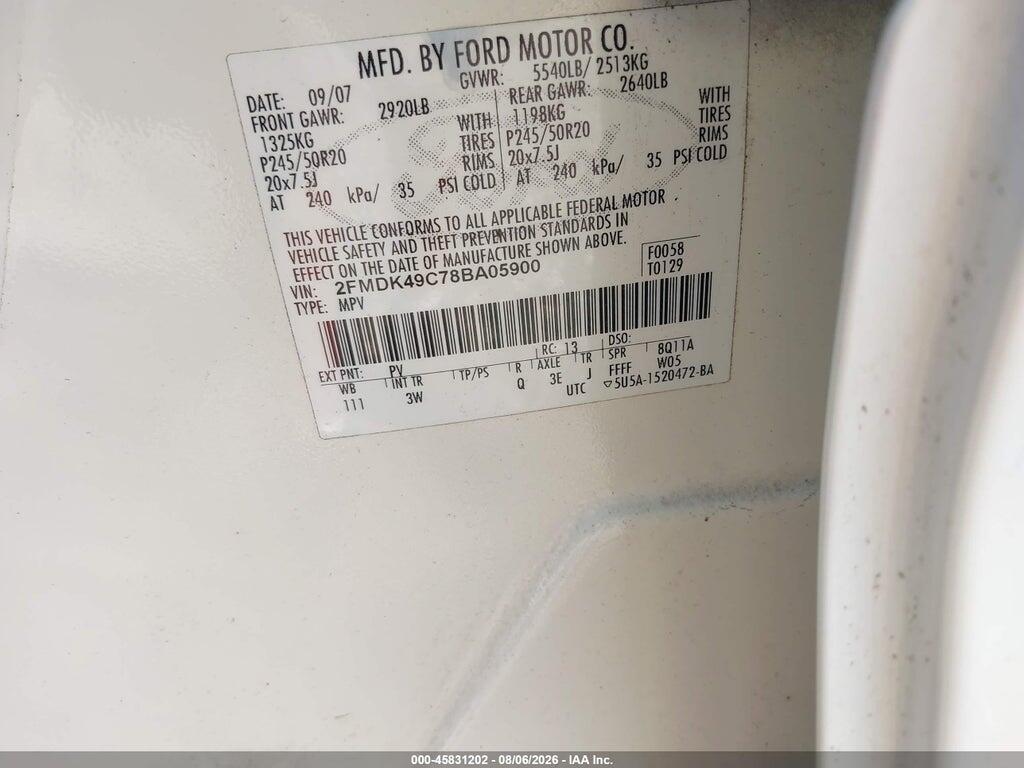 2FMDK49C78BA05900 2008 FORD EDGE photo no. 9