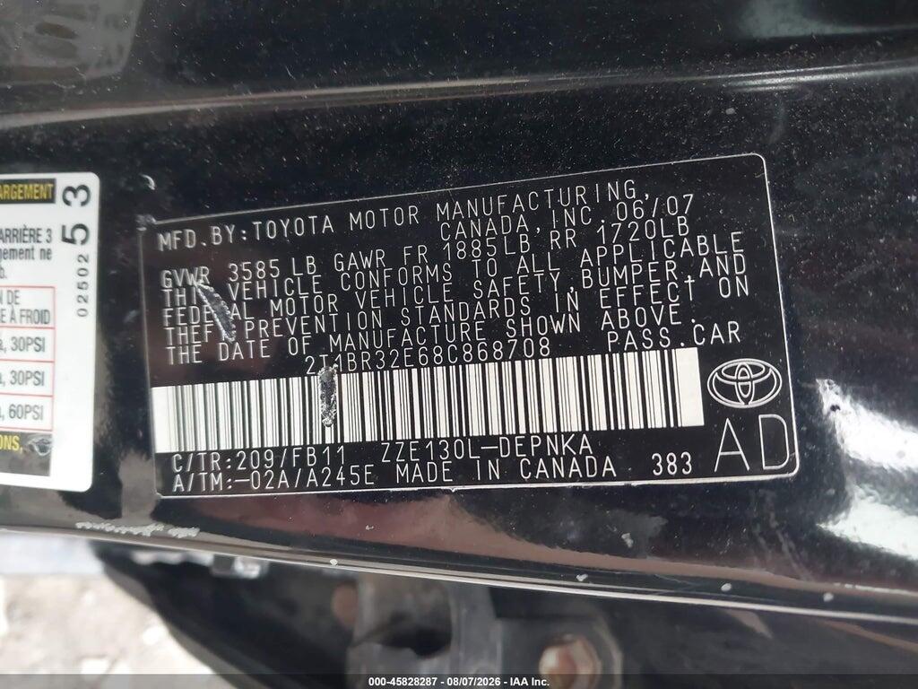 2T1BR32E68C868708 2008 TOYOTA COROLLA photo no. 9