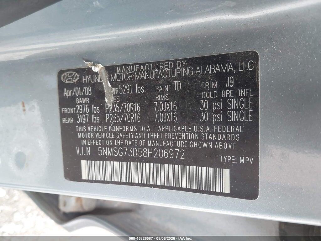 5NMSG73D58H206972 2008 HYUNDAI SANTA FE photo no. 9