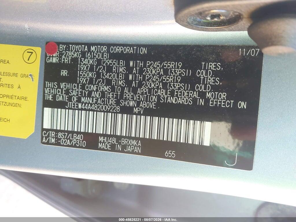 JTEEW44A482009228 2008 TOYOTA HIGHLANDER HYBRID photo no. 9