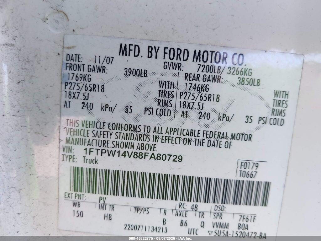 1FTPW14V88FA80729 2008 FORD F-150 photo no. 9