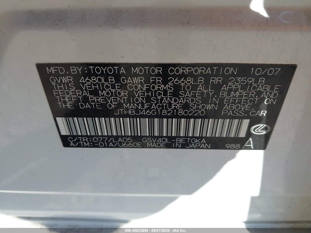 JTHBJ46G182180220 2008 LEXUS ES 350 photo no. 9
