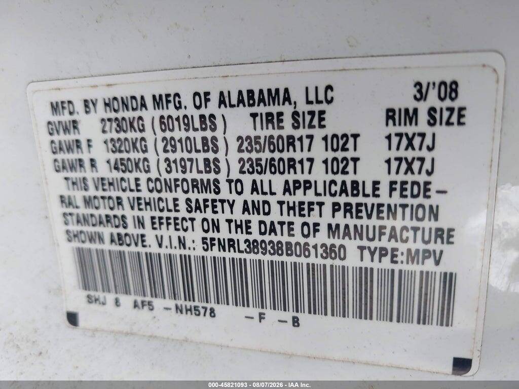 5FNRL38938B061360 2008 HONDA ODYSSEY photo no. 9