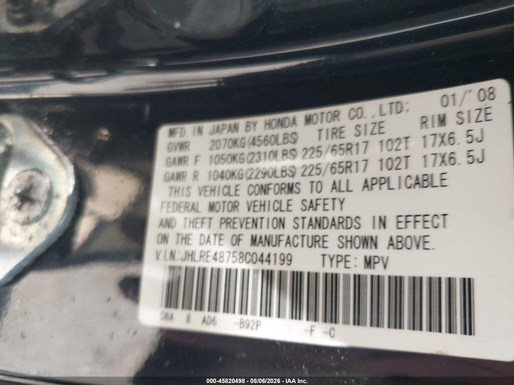 JHLRE48758C044199 2008 HONDA CR-V photo no. 9