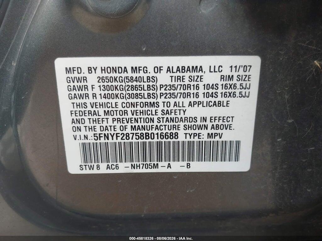 5FNYF28758B016688 2008 HONDA PILOT photo no. 9