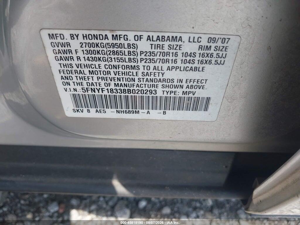 5FNYF18338B020293 2008 HONDA PILOT photo no. 9