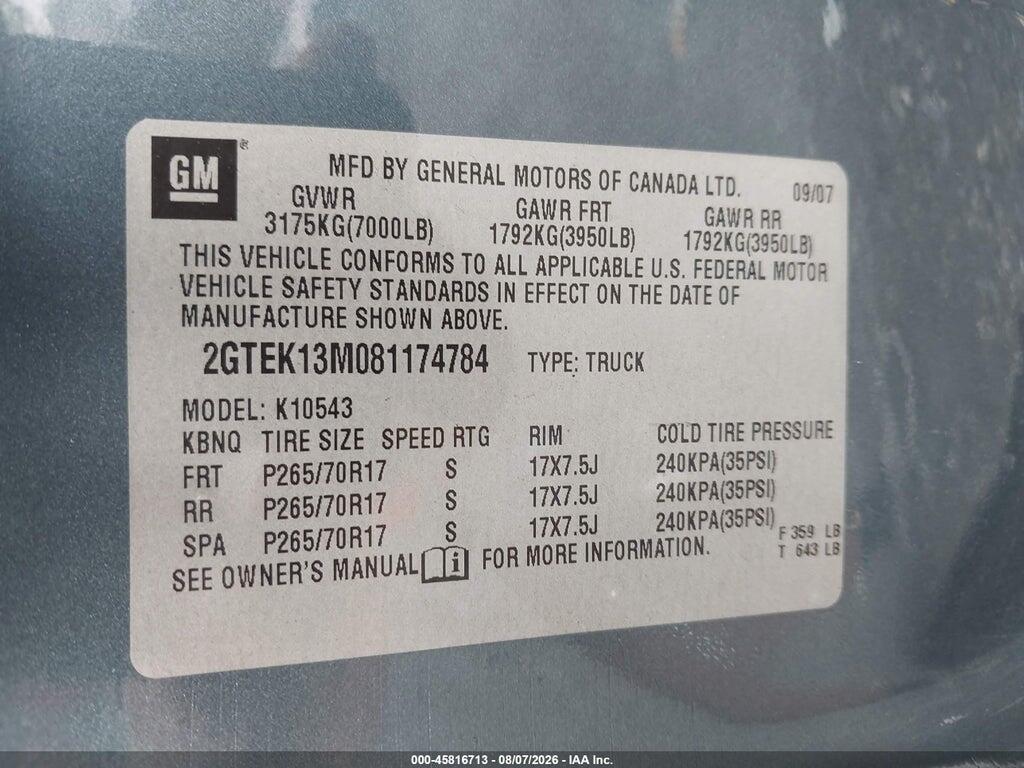2GTEK13M081174784 2008 GMC SIERRA 1500 photo no. 9