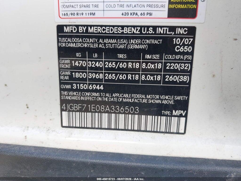 4JGBF71E08A336503 2008 MERCEDES-BENZ GL 450 photo no. 9