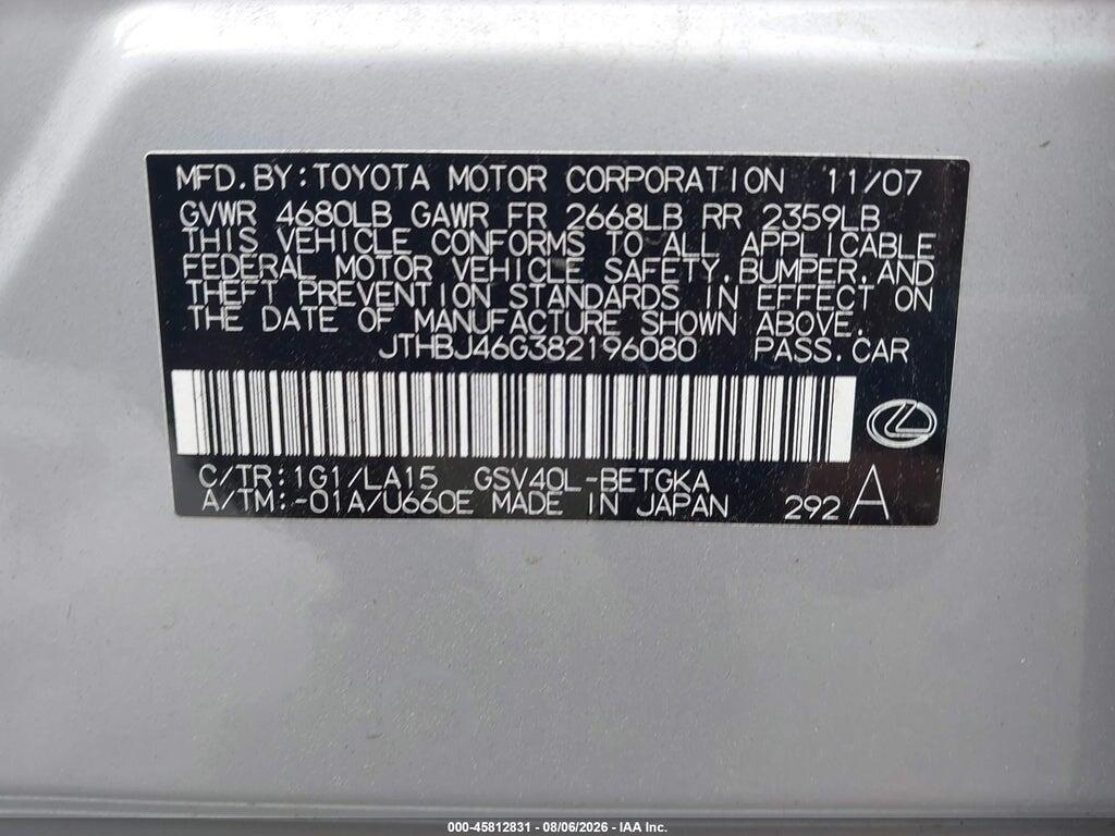 JTHBJ46G382196080 2008 LEXUS ES 350 photo no. 9