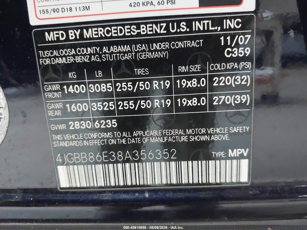 4JGBB86E38A356352 2008 MERCEDES-BENZ ML 350 photo no. 9