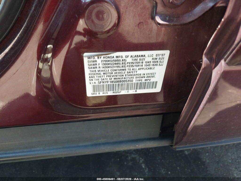 5FNYF18508B005350 2008 HONDA PILOT photo no. 9