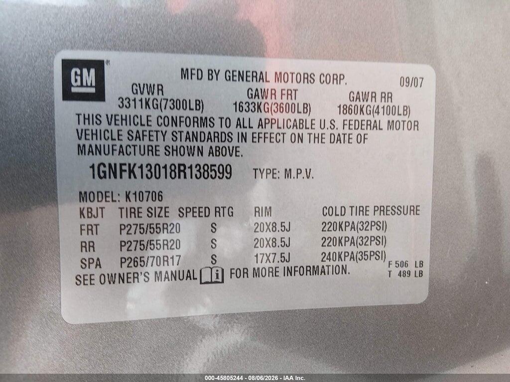 1GNFK13018R138599 2008 CHEVROLET TAHOE photo no. 9