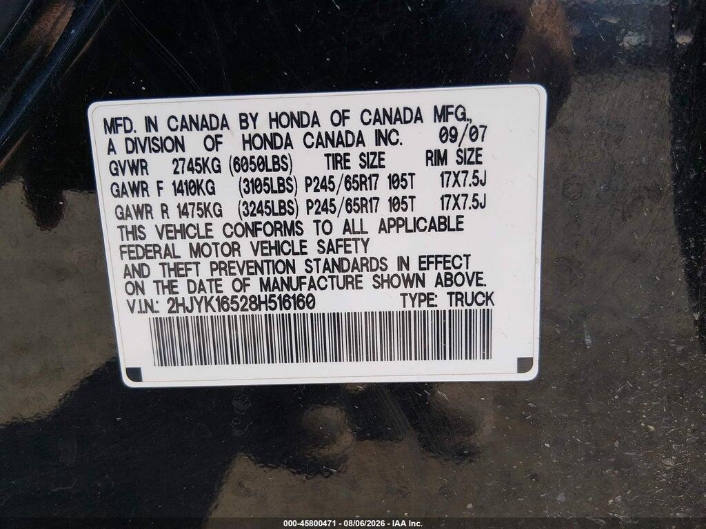 2HJYK16528H516160 2008 HONDA RIDGELINE photo no. 9