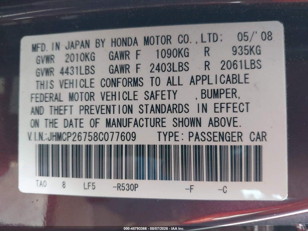JHMCP26758C077609 2008 HONDA ACCORD photo no. 9