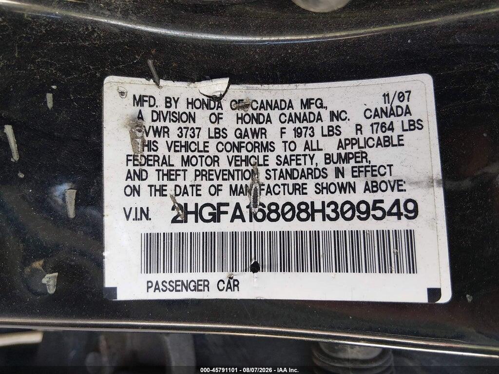 2HGFA16808H309549 2008 HONDA CIVIC photo no. 9