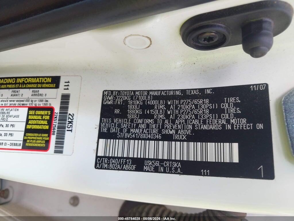 5TFBV54178X040346 2008 TOYOTA TUNDRA photo no. 9