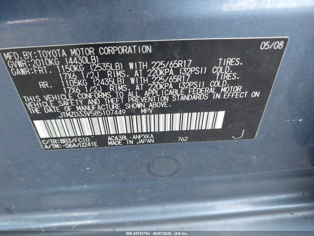 JTMZD33V585107449 2008 TOYOTA RAV4 photo no. 9