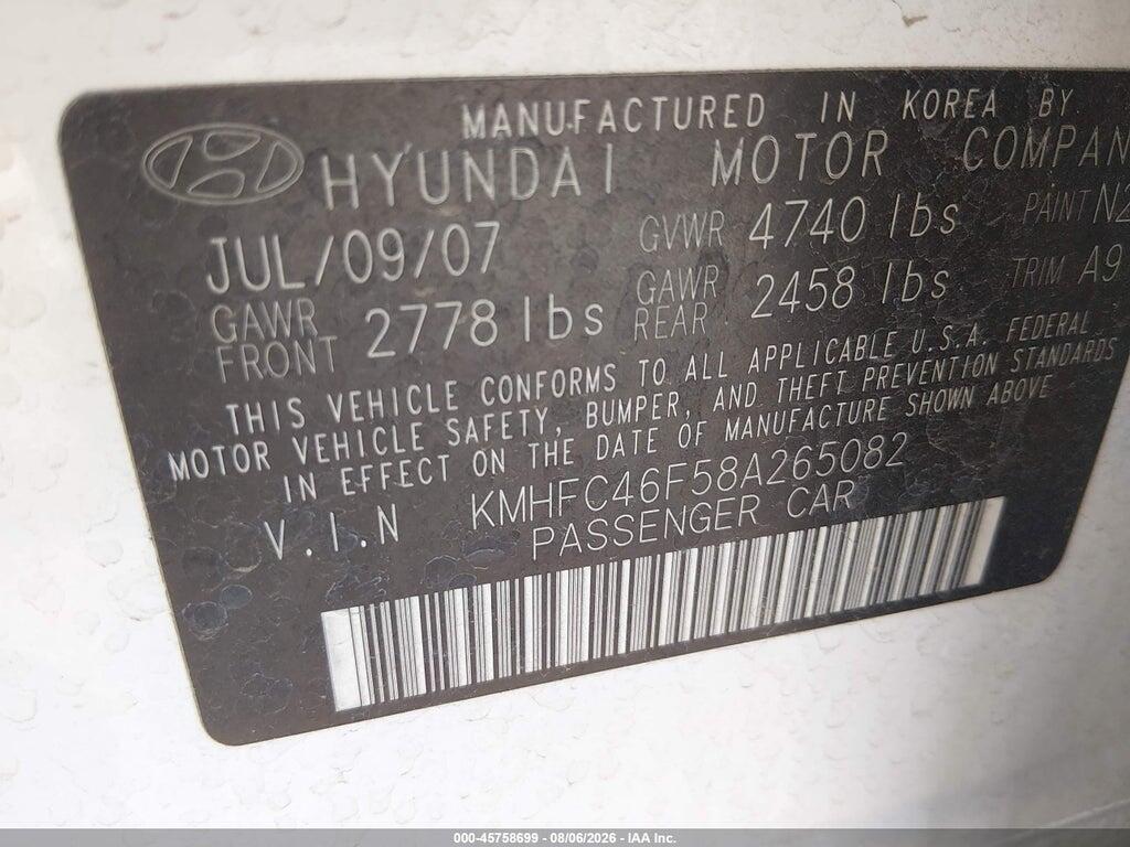 KMHFC46F58A265082 2008 HYUNDAI AZERA photo no. 9