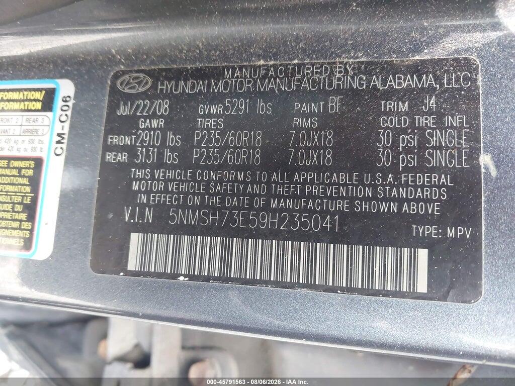 5NMSH73E59H235041 2009 HYUNDAI SANTA FE photo no. 9