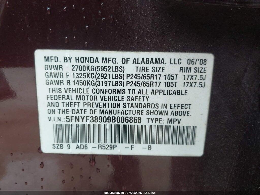 5FNYF38909B006868 2009 HONDA PILOT photo no. 9