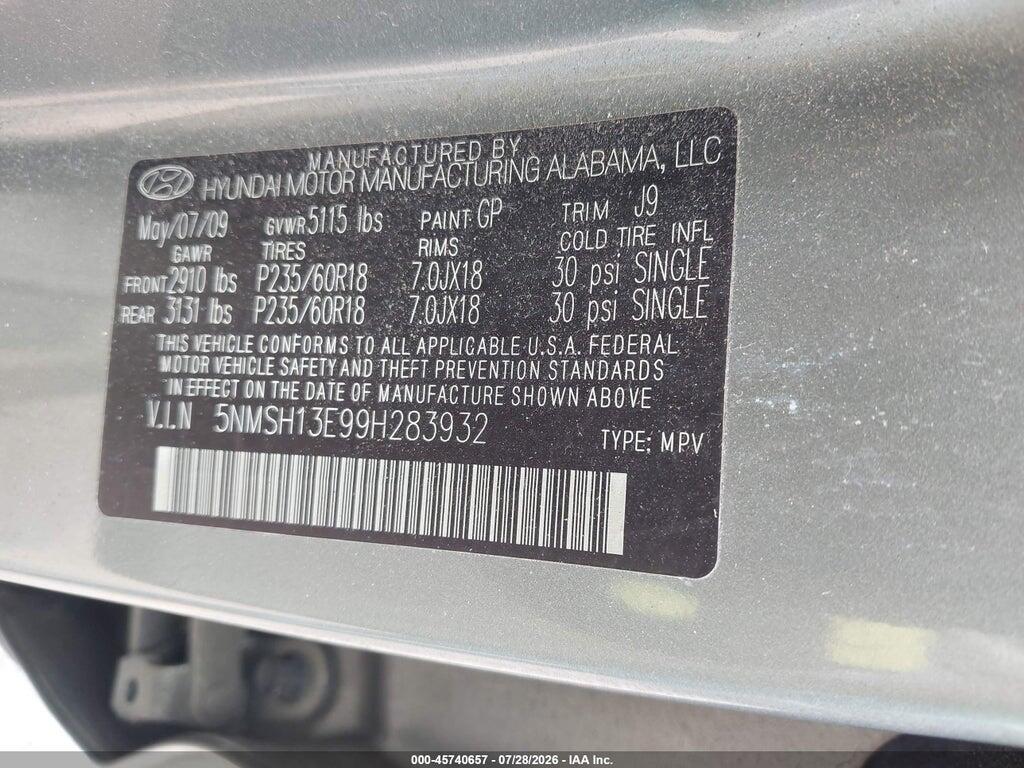 5NMSH13E99H283932 2009 HYUNDAI SANTA FE photo no. 9