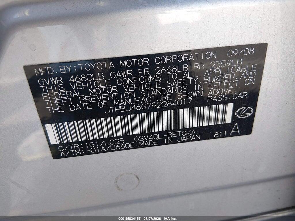 JTHBJ46G792284017 2009 LEXUS ES 350 photo no. 9