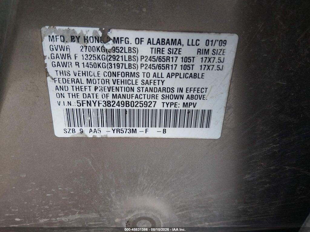 5FNYF38249B025927 2009 HONDA PILOT photo no. 9