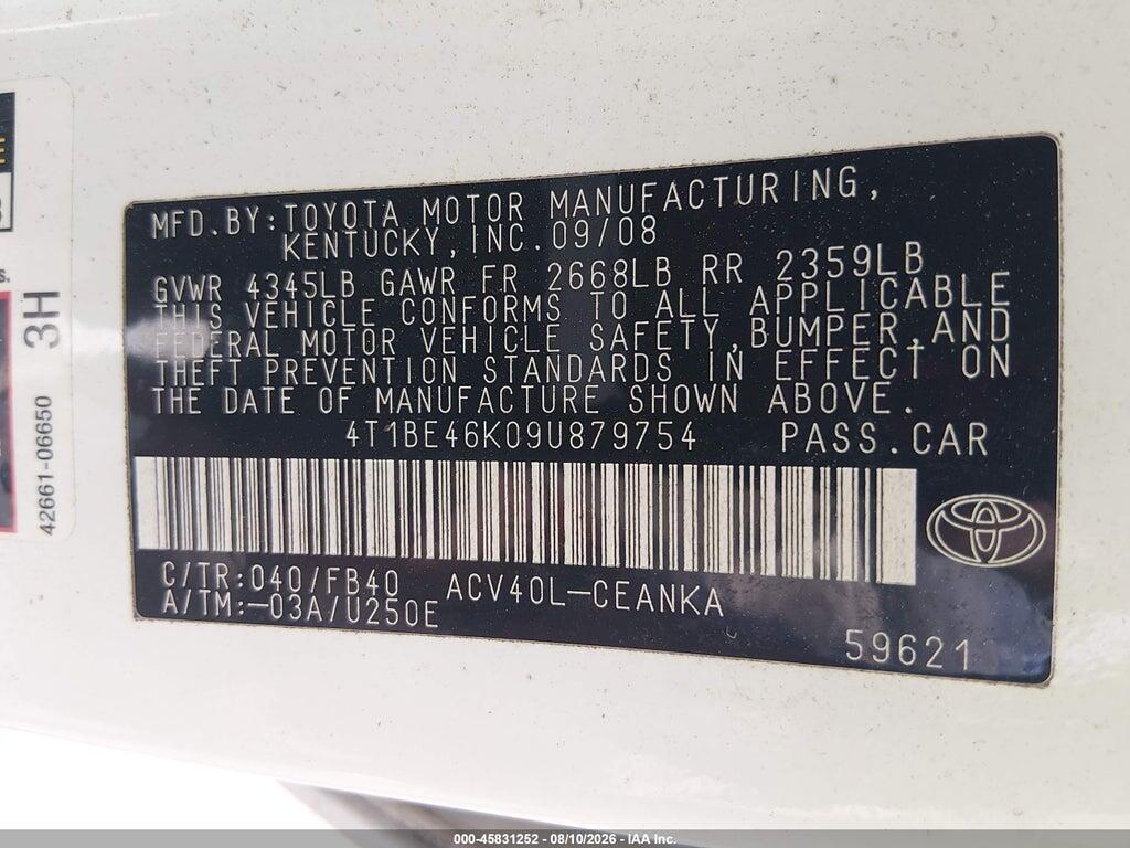 4T1BE46K09U879754 2009 TOYOTA CAMRY photo no. 9
