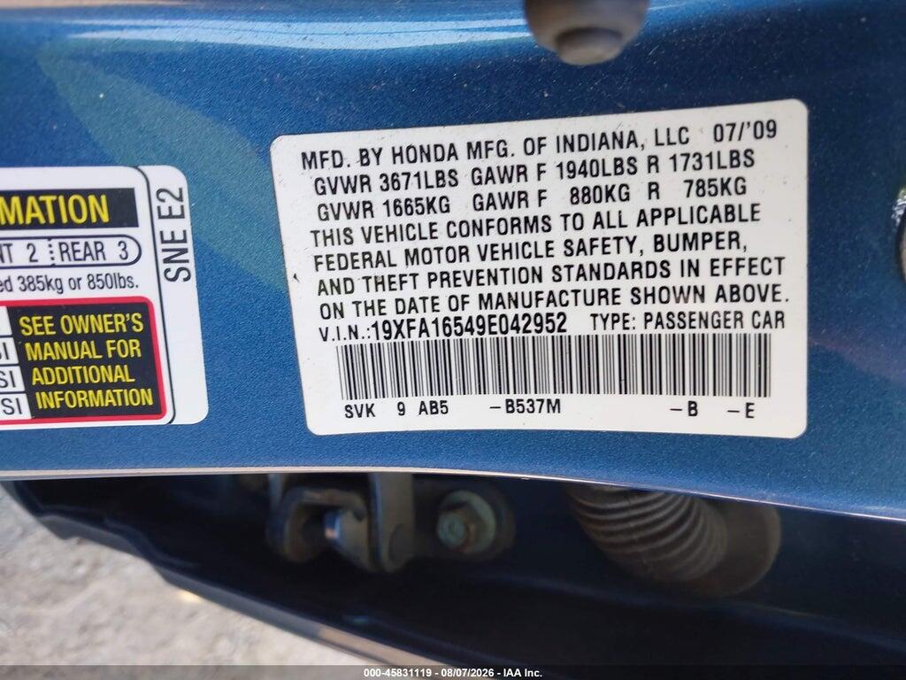 19XFA16549E042952 2009 HONDA CIVIC photo no. 9