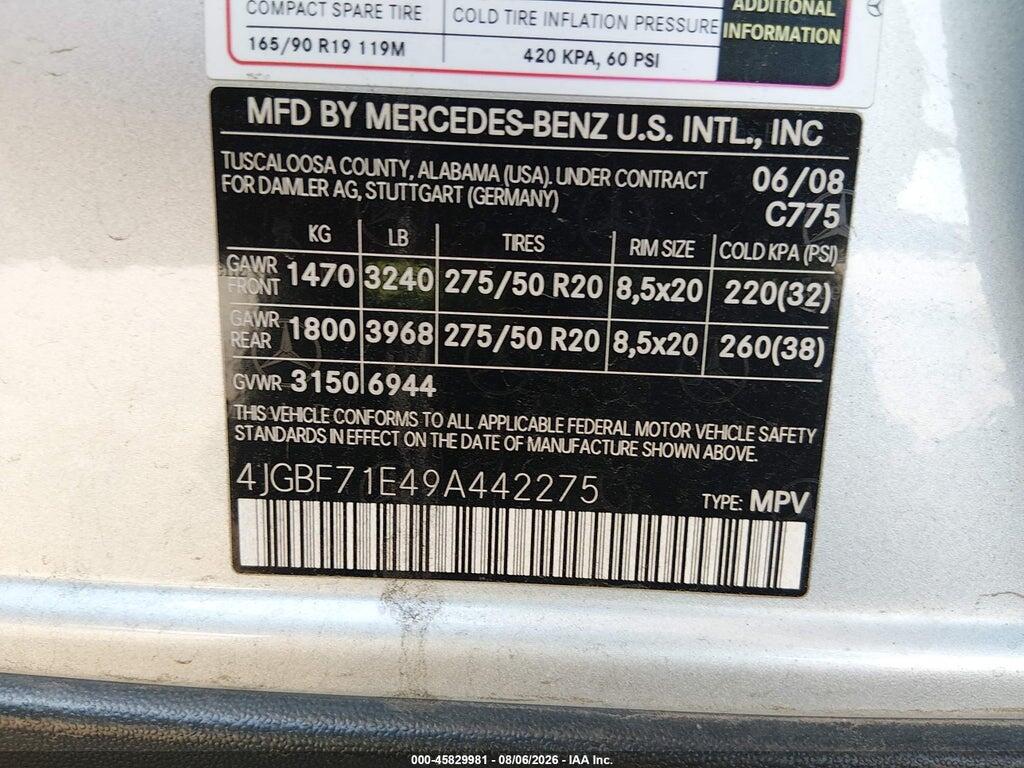 4JGBF71E49A442275 2009 MERCEDES-BENZ GL 450 photo no. 9