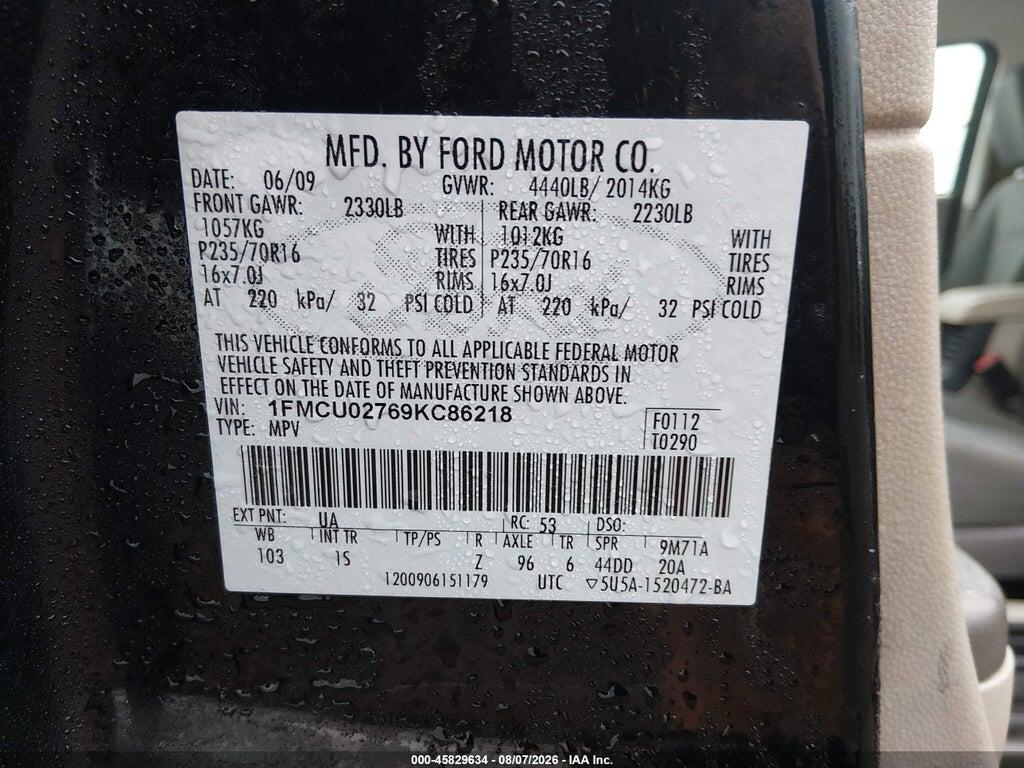 1FMCU02769KC86218 2009 FORD ESCAPE photo no. 9