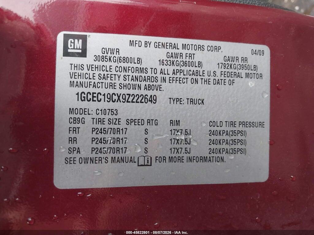 1GCEC19CX9Z222649 2009 CHEVROLET SILVERADO 1500 photo no. 9