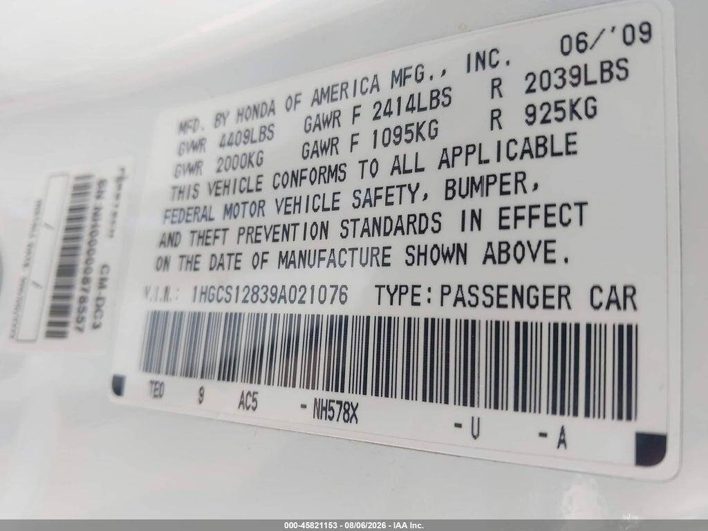 1HGCS12839A021076 2009 HONDA ACCORD photo no. 9
