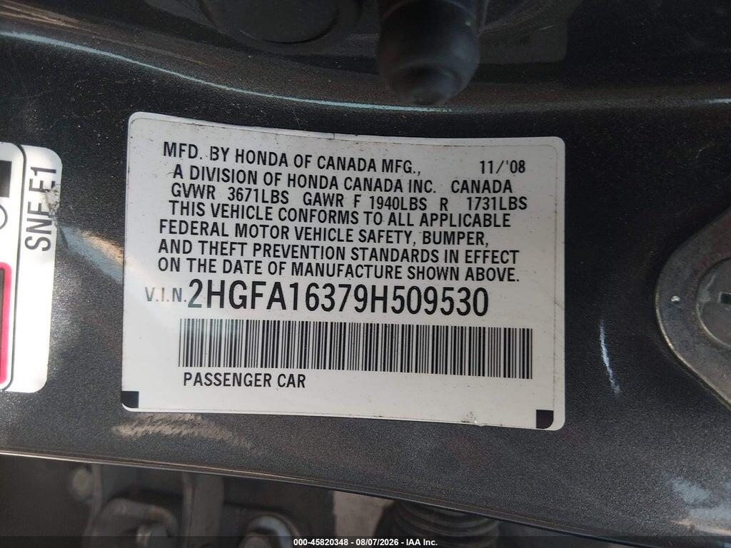 2HGFA16379H509530 2009 HONDA CIVIC photo no. 9