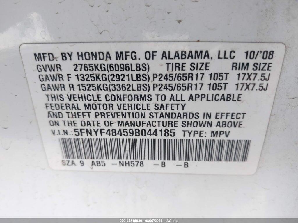 5FNYF48459B044185 2009 HONDA PILOT photo no. 9